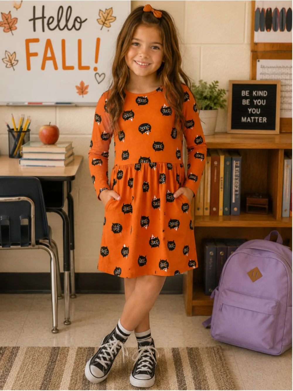 Cat & Jack Girls Size 7/8 Orange Black Cat Halloween Dress with Pockets
